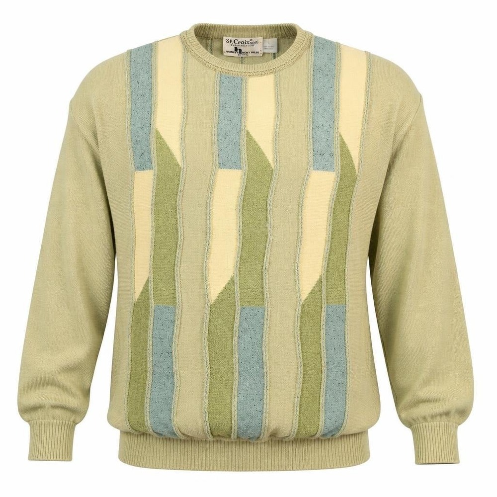 VTG St Croix 3D Knit Sweater Mens L Green Blue Biggie Cotton USA Coogi Style